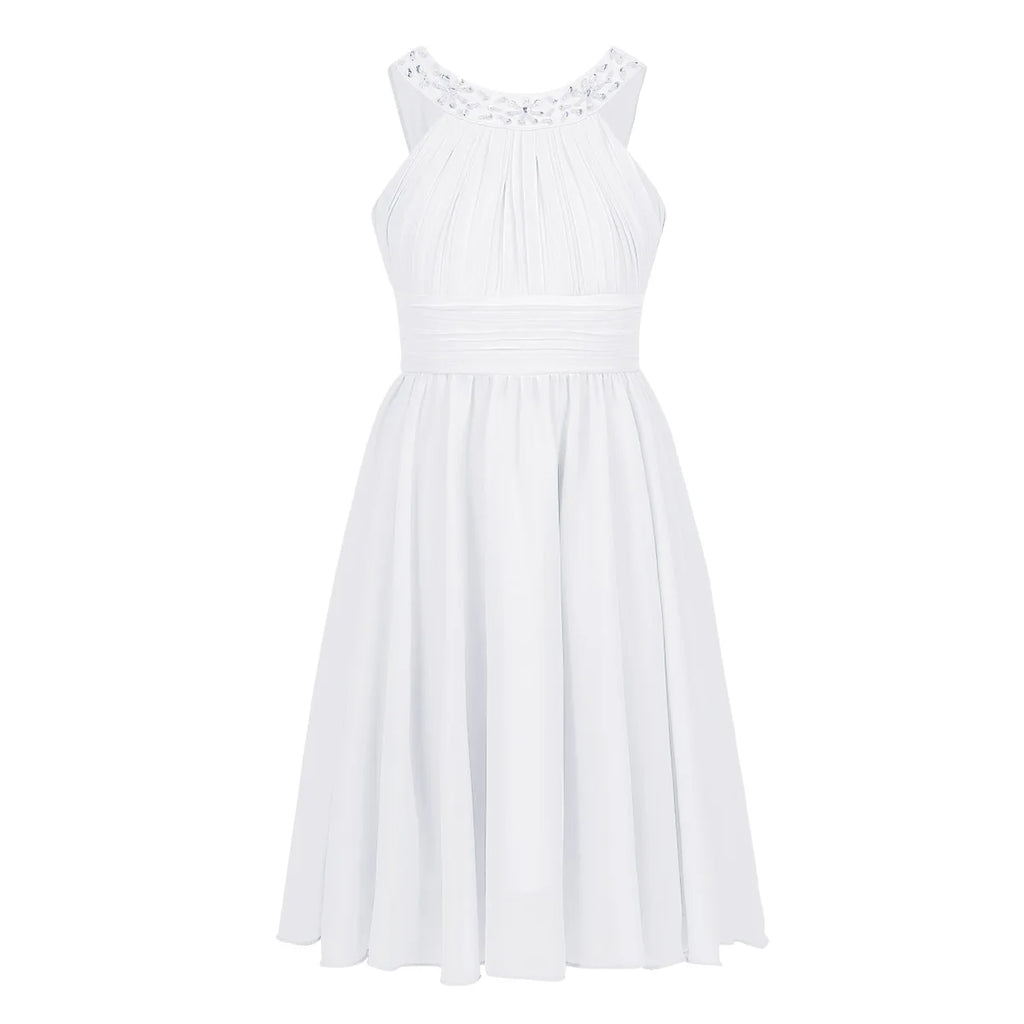 iiniim Girls Summer Party Dress Sleeveless Rhinestone Decor Halter Neck Chiffon Princess Dress for Wedding Flower Girls Birthday