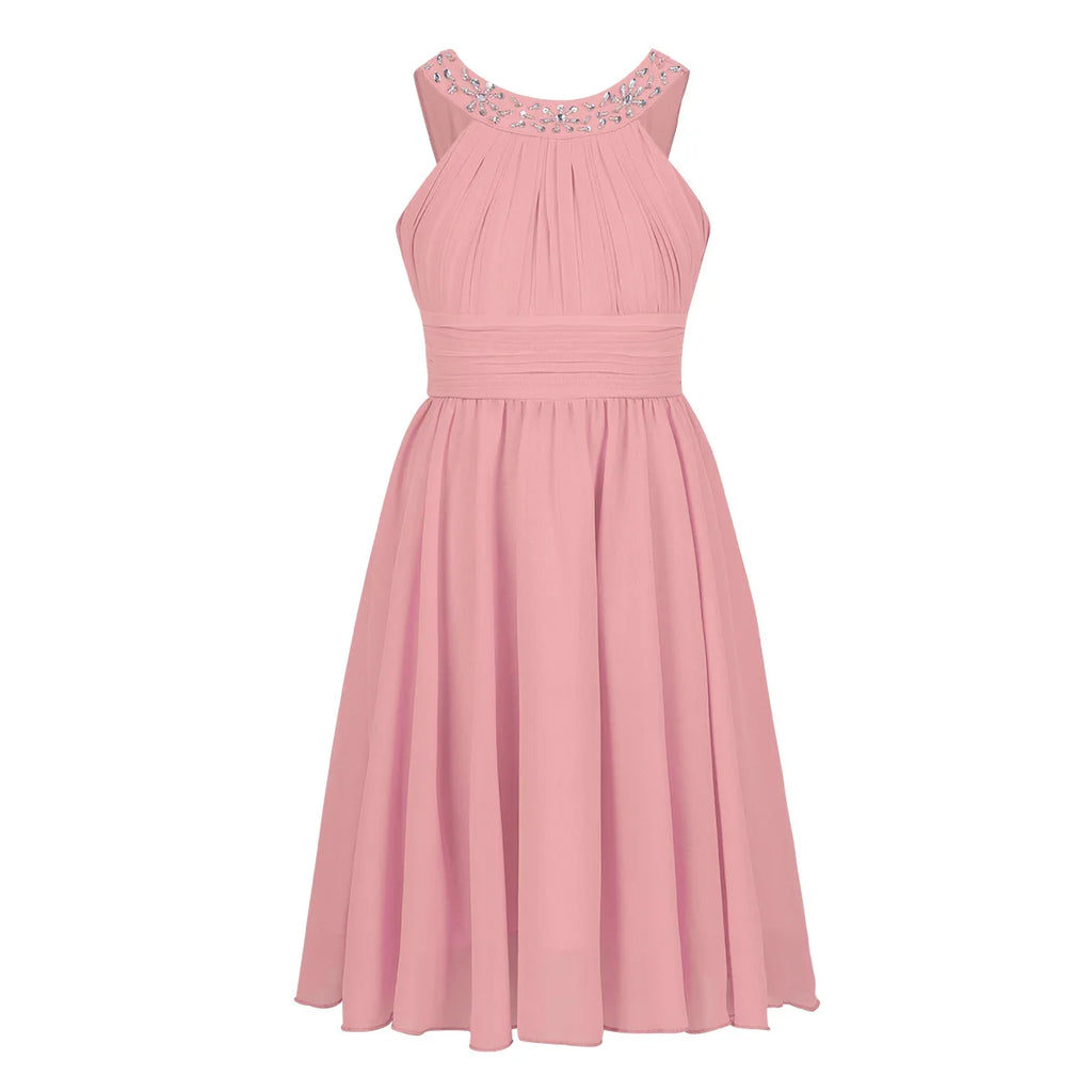 iiniim Girls Summer Party Dress Sleeveless Rhinestone Decor Halter Neck Chiffon Princess Dress for Wedding Flower Girls Birthday