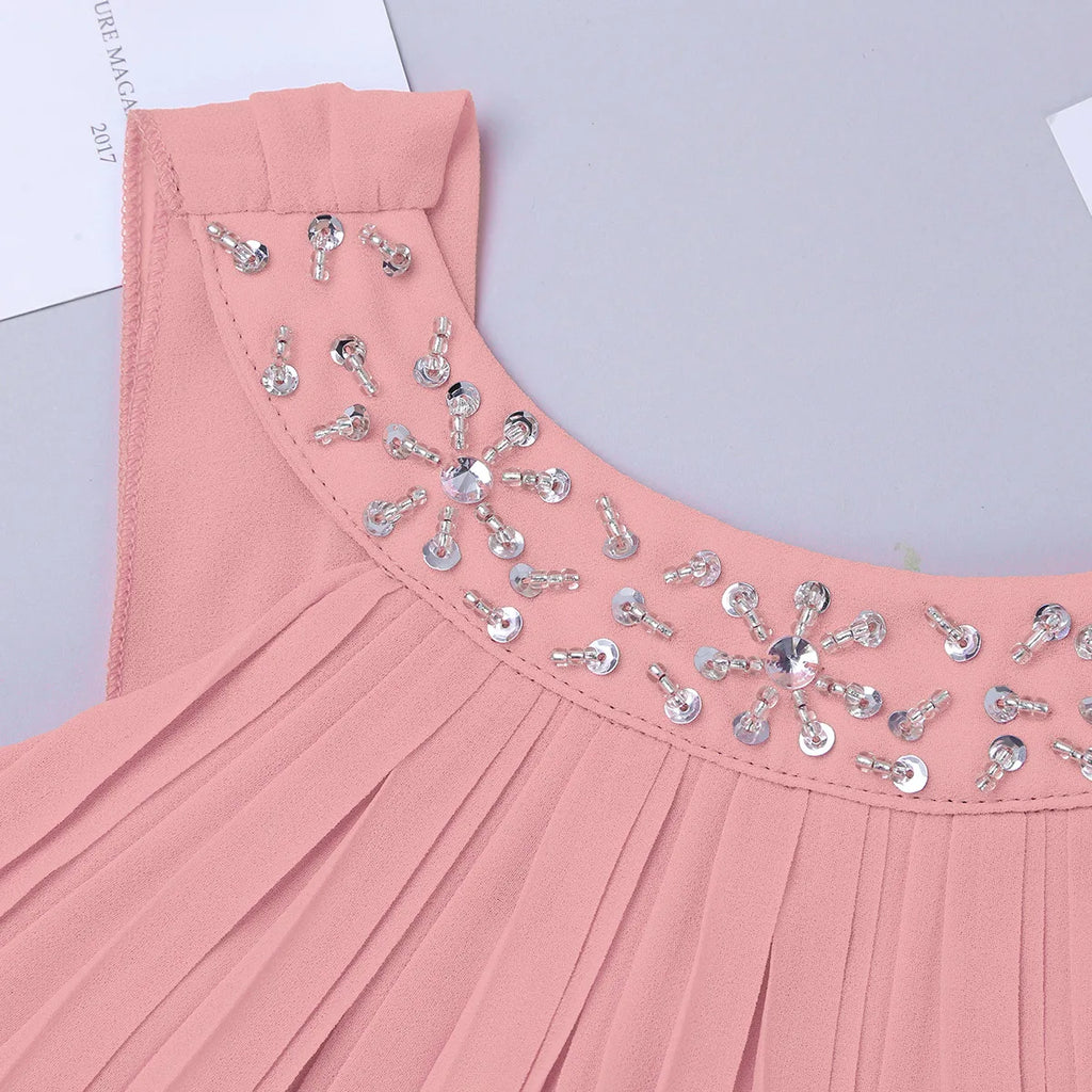 iiniim Girls Summer Party Dress Sleeveless Rhinestone Decor Halter Neck Chiffon Princess Dress for Wedding Flower Girls Birthday