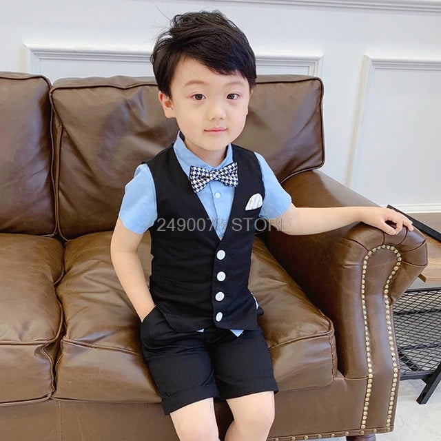 Kids Boys Summer Vest+Shorts 2PCS Clothing Set Gentleman Wedding Dress Children Plaid Party Formal Wear Suit F130