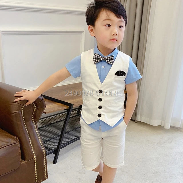 Kids Boys Summer Vest+Shorts 2PCS Clothing Set Gentleman Wedding Dress Children Plaid Party Formal Wear Suit F130