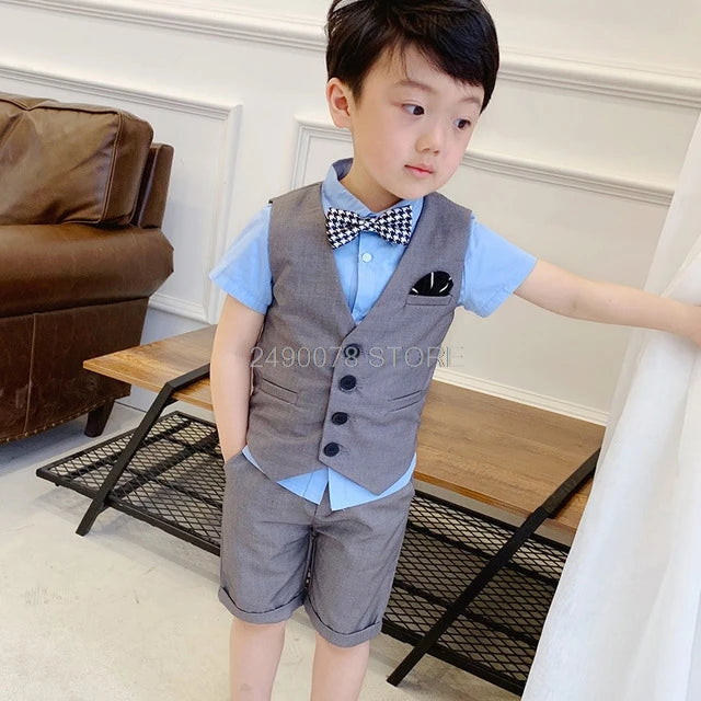 Kids Boys Summer Vest+Shorts 2PCS Clothing Set Gentleman Wedding Dress Children Plaid Party Formal Wear Suit F130