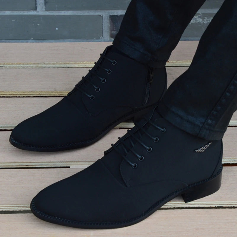 Autumn Winter Men Boots Breathable Pointed Toe Business Leather Boots Fashion Canvas High-Top Men Shoes Casual Zapatos Hombre