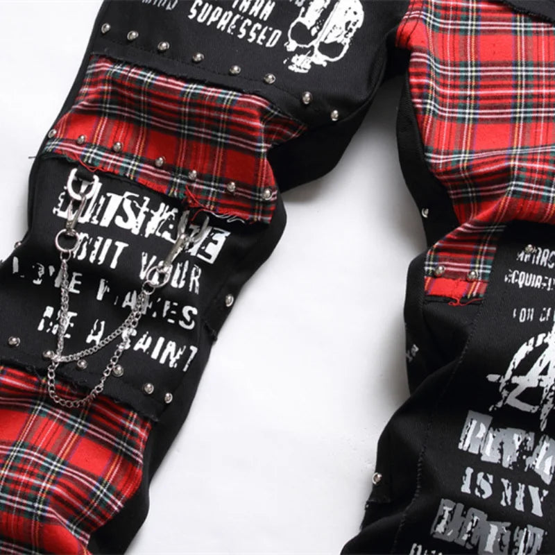 Men's Punk Patchwork Slim Jeans – Rivet & Chain Detail