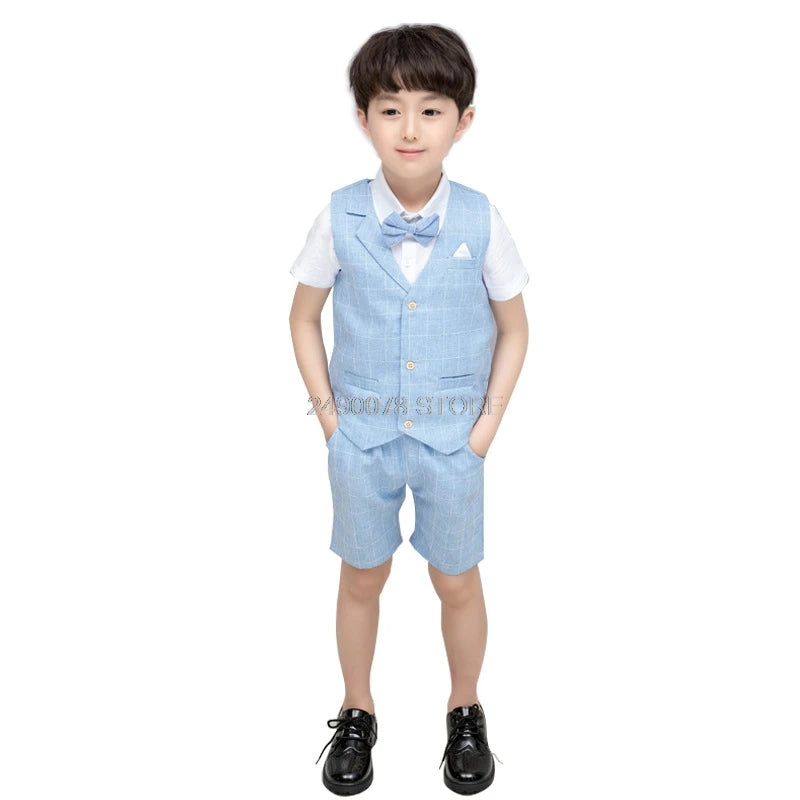 Kids Boys Summer Vest+Shorts 2PCS Clothing Set Gentleman Wedding Dress Children Plaid Party Formal Wear Suit F130