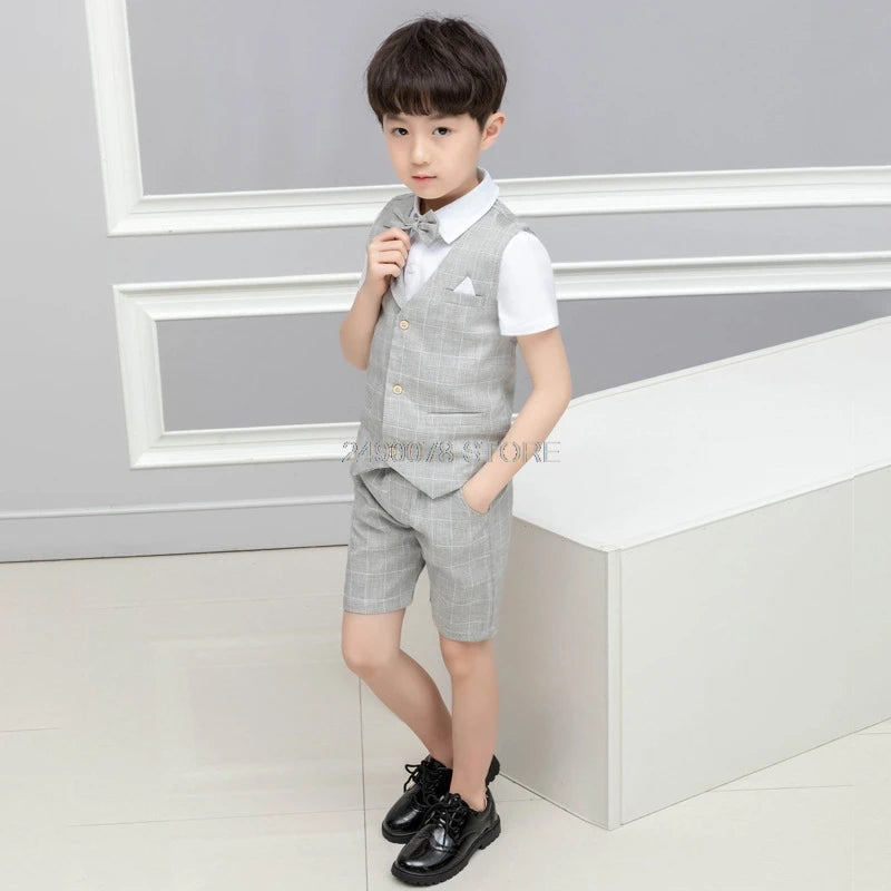 Kids Boys Summer Vest+Shorts 2PCS Clothing Set Gentleman Wedding Dress Children Plaid Party Formal Wear Suit F130