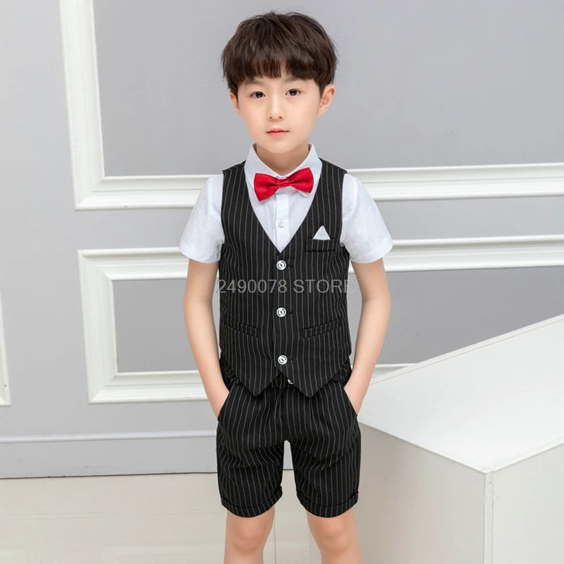 Kids Boys Summer Vest+Shorts 2PCS Clothing Set Gentleman Wedding Dress Children Plaid Party Formal Wear Suit F130