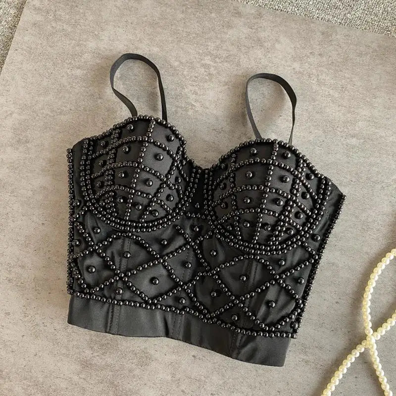 Women's Pearl Beaded Corset Cami Top — Sexy Push-Up Tube Bra