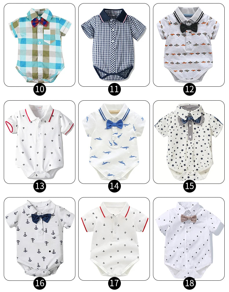 Newborn Boys Bodysuit with Bow Tie Cotton Baby Romper Soft Cartoon Animal Print Formal Short Sleeve Children Top Costume