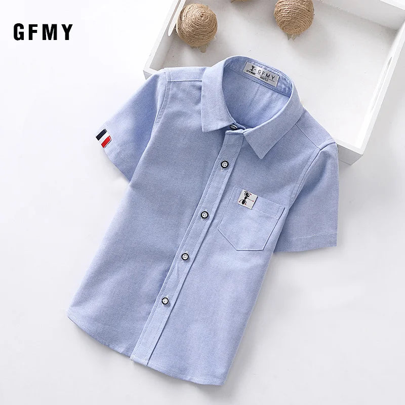 Boys' Pure Cotton Short Sleeve Shirt – Casual Solid Color Blouse for Ages 2–14