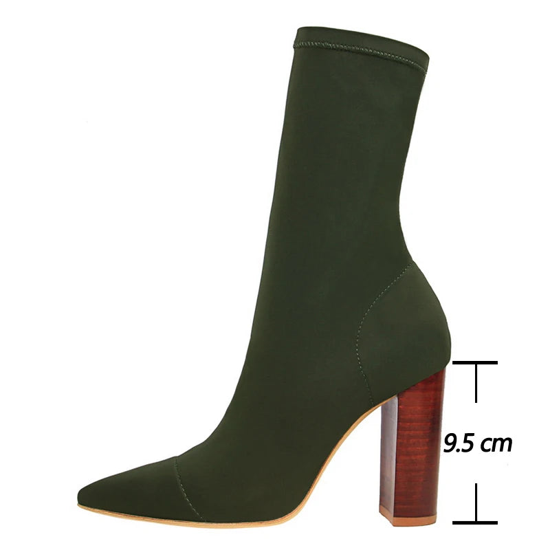 Women's Pointed-Toe Stretch Sock Ankle Boots – High Heel Slip-On Booties for Spring & Fall