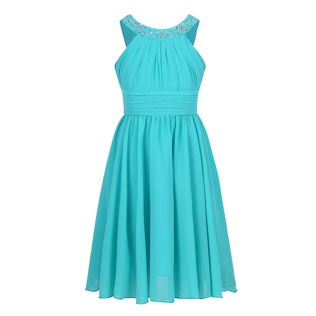 iiniim Girls Summer Party Dress Sleeveless Rhinestone Decor Halter Neck Chiffon Princess Dress for Wedding Flower Girls Birthday