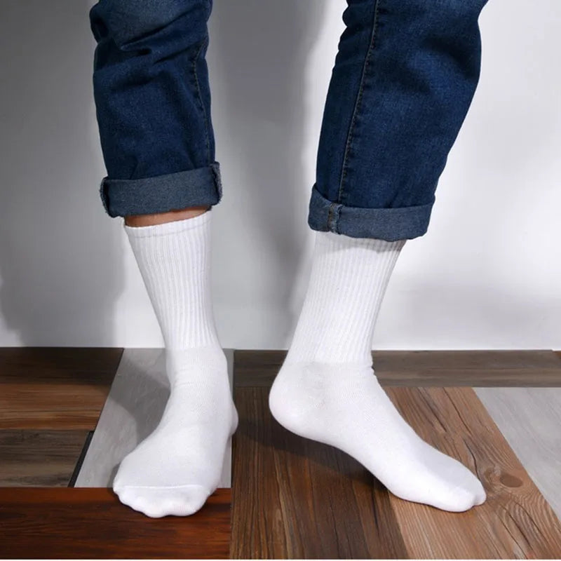 Men's Cotton Crew Socks – High Tube Solid Color Everyday Socks (White & Black)