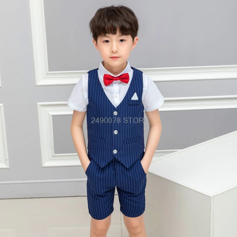 Kids Boys Summer Vest+Shorts 2PCS Clothing Set Gentleman Wedding Dress Children Plaid Party Formal Wear Suit F130