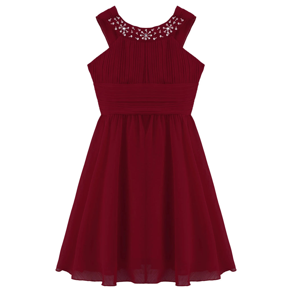 iiniim Girls Summer Party Dress Sleeveless Rhinestone Decor Halter Neck Chiffon Princess Dress for Wedding Flower Girls Birthday