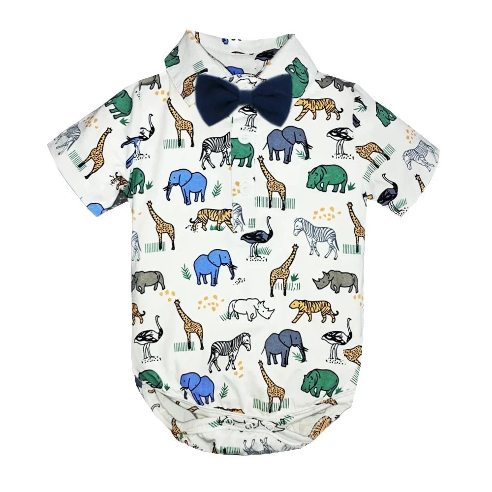 Newborn Boys Bodysuit with Bow Tie Cotton Baby Romper Soft Cartoon Animal Print Formal Short Sleeve Children Top Costume