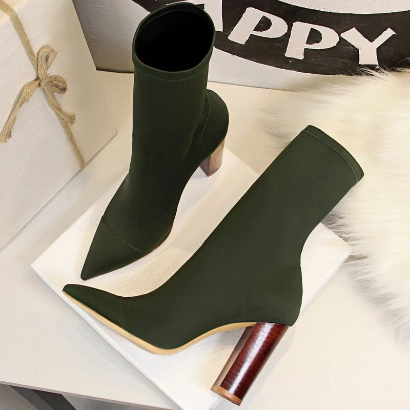 Women's Pointed-Toe Stretch Sock Ankle Boots – High Heel Slip-On Booties for Spring & Fall