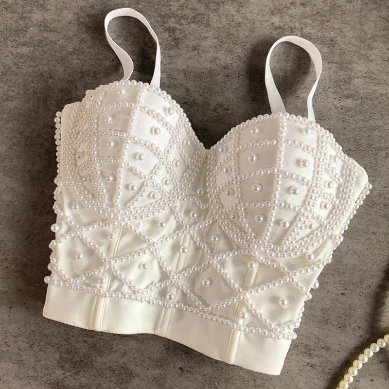Women's Pearl Beaded Corset Cami Top — Sexy Push-Up Tube Bra