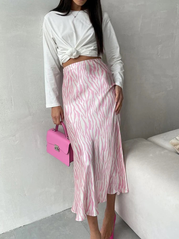 2023 Summer Autumn Women Elegant Midi Satin Skirts Printed High Waist Office Ladies Bodycon Pencil Slim Skirt For Women