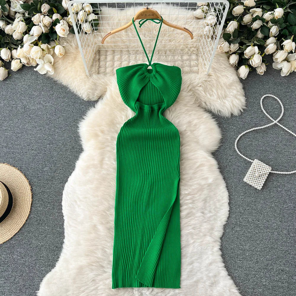 Women's Knit Bodycon Midi Dress — Sexy Slash Neck Split Streetwear