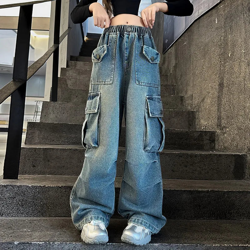 Kids Vintage Distressed Jeans with Pocket For Girls Y2K Fashion High Street Denim Pants Teens Child Baggy Cargo Jeans Trousers