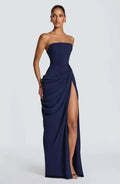 Elegant Yellow Strapless Pleated Dress Women Chic Sleeveless Waist Cinching Split Maxi Gowns Lady Evening Party Dresses 2026 New