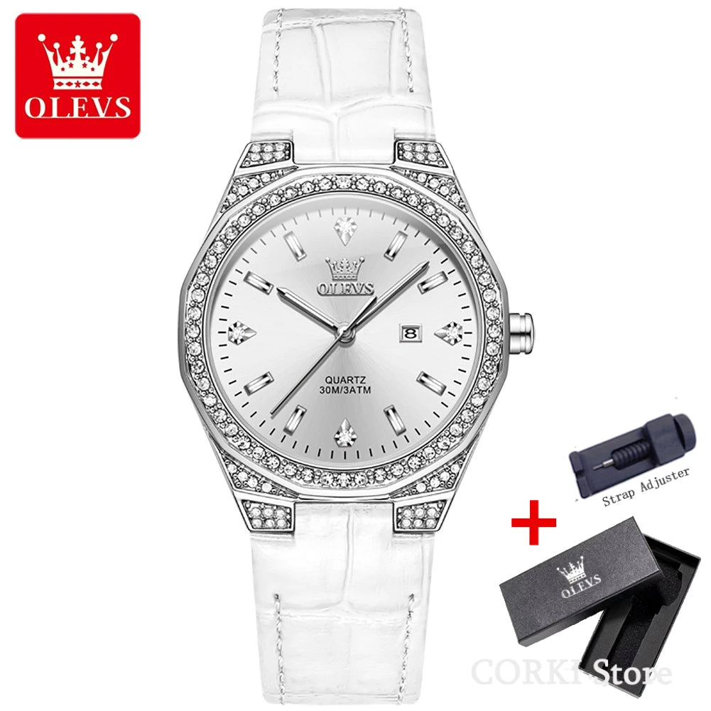 OLEVS 5606 Women's Luxury Diamond Quartz Watch – Leather Strap