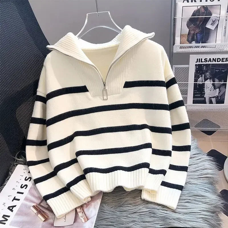 Women's Striped Zip Knit Pullover – Loose Fit Casual Sweater