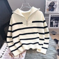 Women's Striped Zip Knit Pullover – Loose Fit Casual Sweater