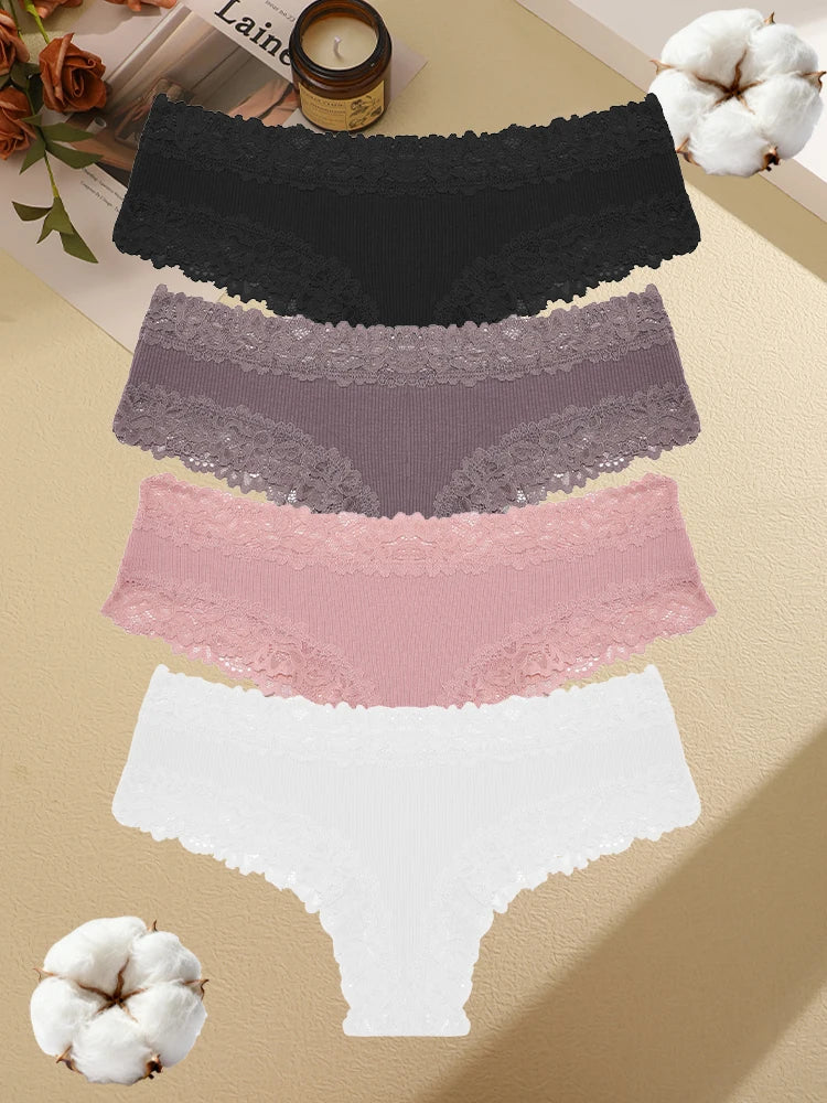 4PCS Seamless Cotton Fabric Panties For Women Sexy Lace Solid Color Brazilian Pants Female Soft Comfortable Bikini Underpants