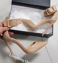 Linamong Elegant Fashion Pointed Toe Stiletto Heel Pumps Ankle Strap Buckle Red Black Gold High Heels Formal Dress Shoes