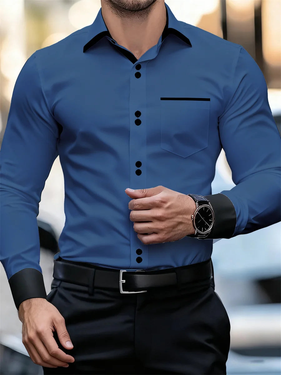 Men's Business Color Block Collar Long Sleeve Shirt, Slim Fit, Wrinkle-Free, Black and White Patchwork Shirt, Men's Fashion Top