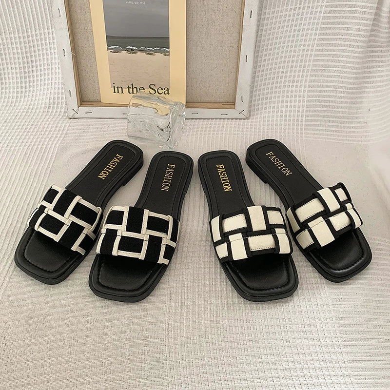 Women's Braided Roman Flat Slippers | Open-Toe Beach Sandals | Beige & Black | EU 35–40