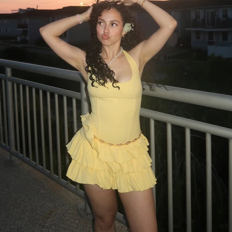 Vacation Halter Mini Dress For Women Solid High Waist Puffy Dress Ruffled Splice Fashion Sexy Slim Dress 2025 Summer New