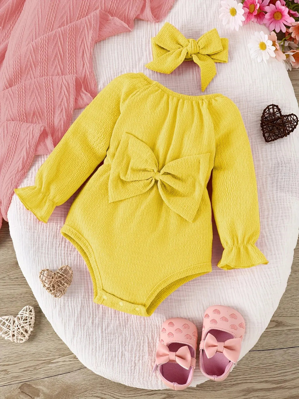 Baby Girl Long-Sleeve Onesie & Kerchief Set — Bow 2-Piece