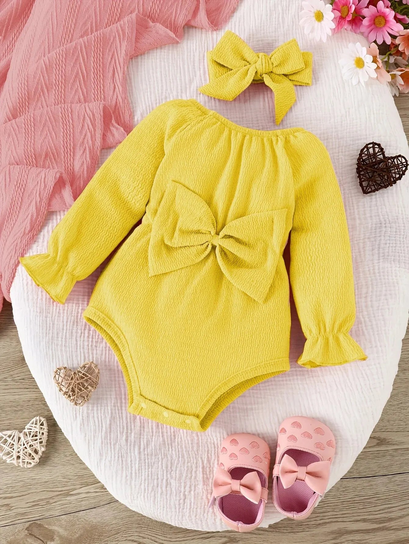 Baby Girl Long-Sleeve Onesie & Kerchief Set — Bow 2-Piece