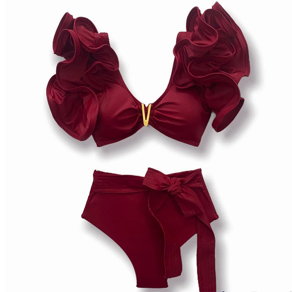 2025 New Sexy High Waist Bikini Sets Ruffle Swimwear Women Swimsuit Print Floral Dots V-neck Beach Wear Bathing Suits Biquini
