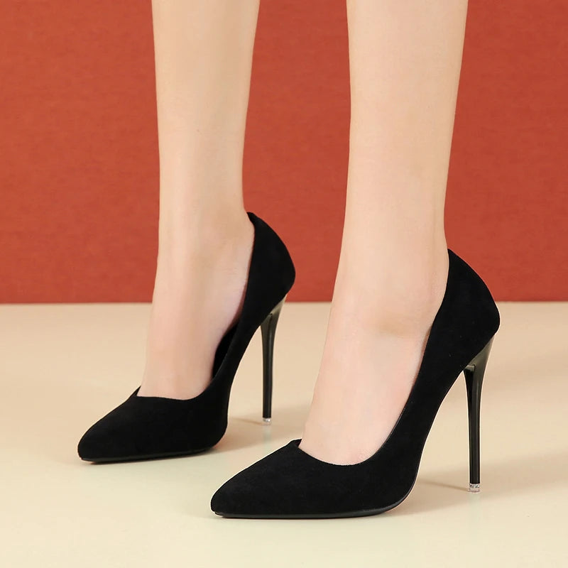 Fashion High Heels Red Black Plus Size 35-45 Women Shoes 12cm Stiletto Suede Wedding Shoes Sexy Pointed Toe Ladies Party Shoes