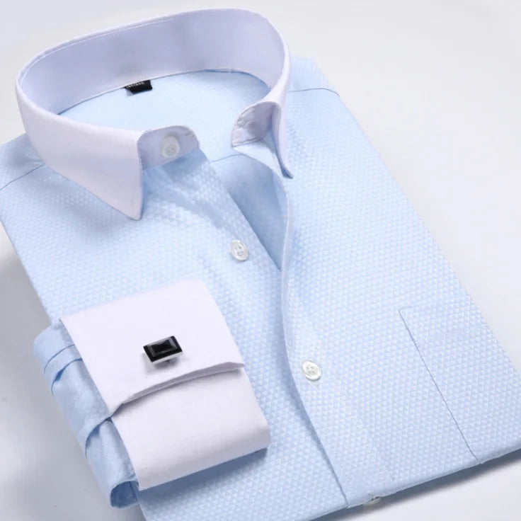 New M~6XL Cotton Men's French Cuffs Business Long Sleeve Shirt Stripes Comfortable Standard Elegant Formal Shirts Cufflink Top