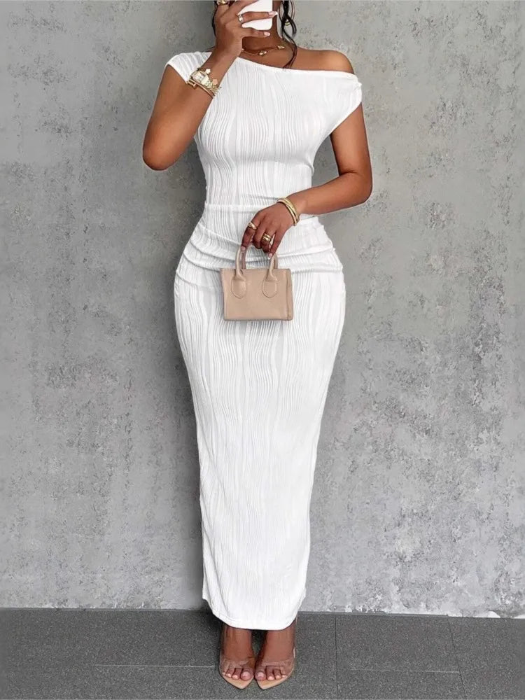 Fashion Water Ripple Slanted Shoulder Dress Women's Elegant And Simple Solid Color A-line Collar Mid-waist Sexy Hip Wrap Skirt