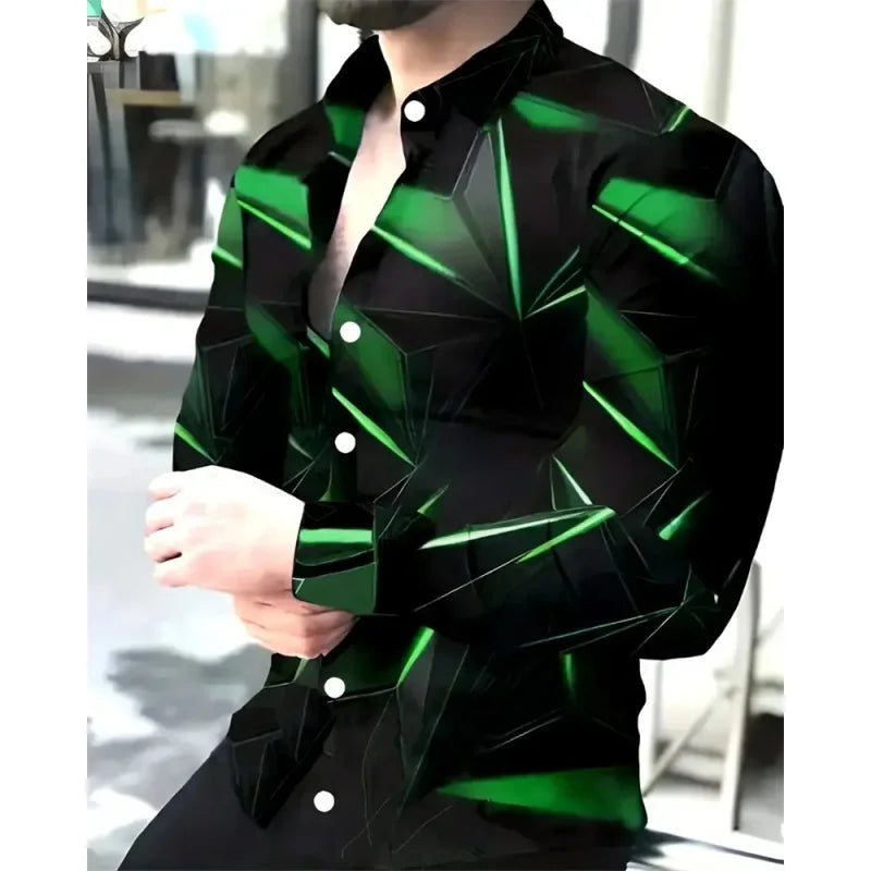 Men's 3D Geometric Hawaiian Shirt — Long Sleeve Streetwear