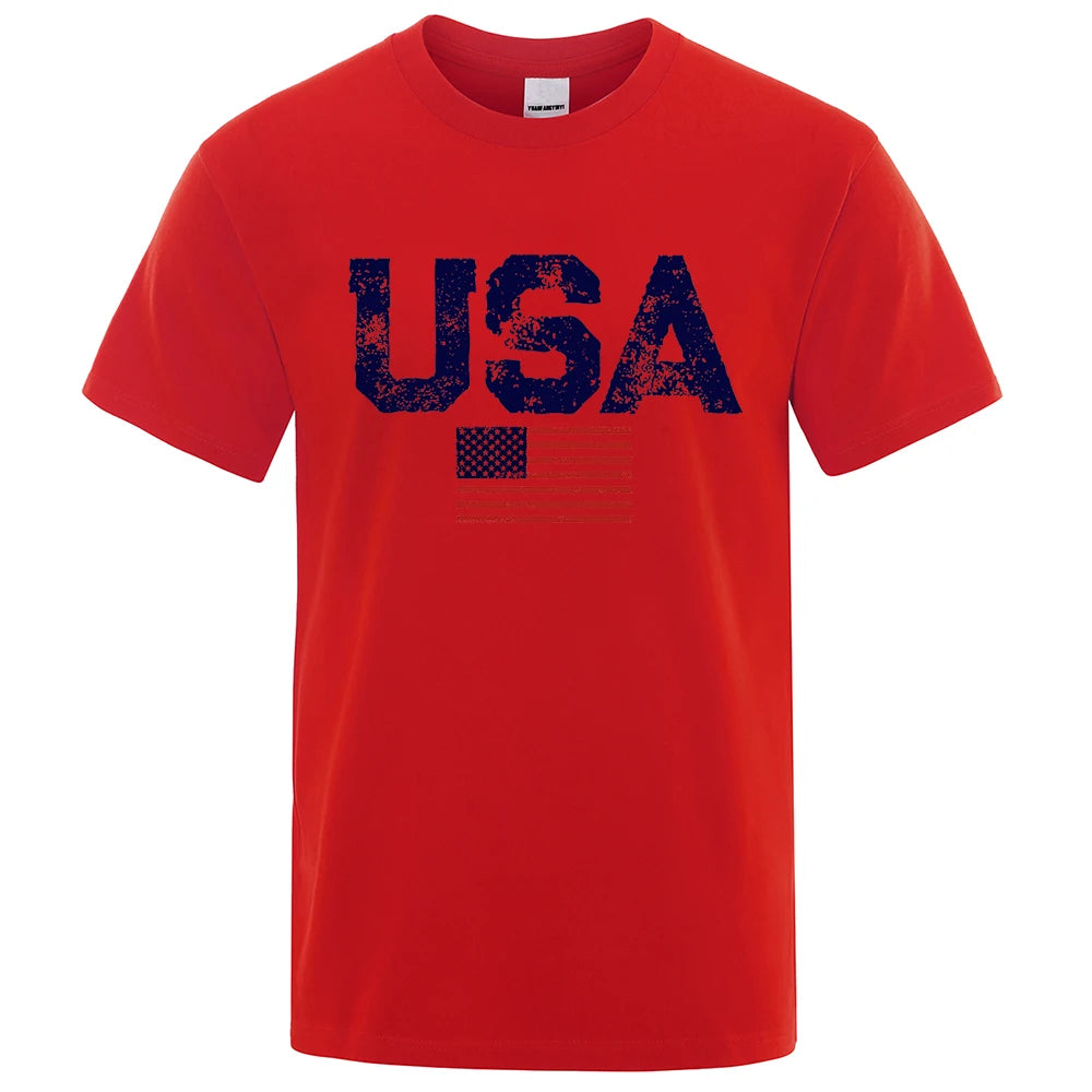 Men's Vintage USA Flag Street Print T-Shirt — Casual Cotton Tee