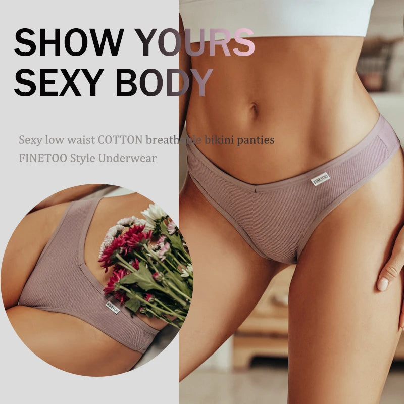 FINETOO 7PCS V-Waist Cotton Bikini Pants Seamless Low Rise T-Back Brazilian Underwear Comfortable Underpants Soft Girls Lingerie