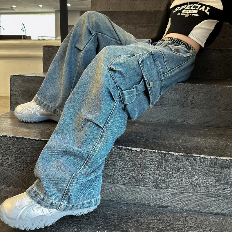 Kids Vintage Distressed Jeans with Pocket For Girls Y2K Fashion High Street Denim Pants Teens Child Baggy Cargo Jeans Trousers