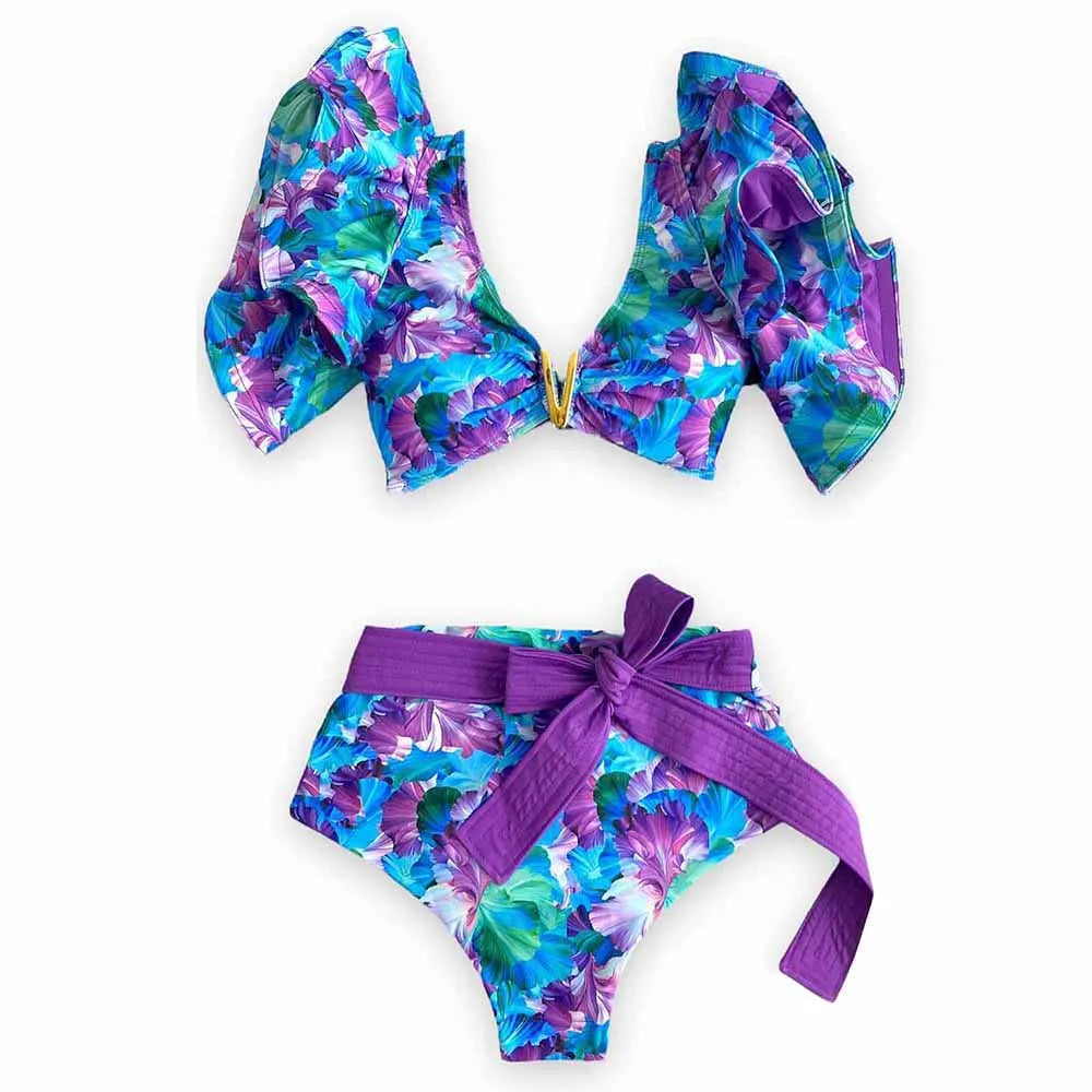 2025 New Sexy High Waist Bikini Sets Ruffle Swimwear Women Swimsuit Print Floral Dots V-neck Beach Wear Bathing Suits Biquini