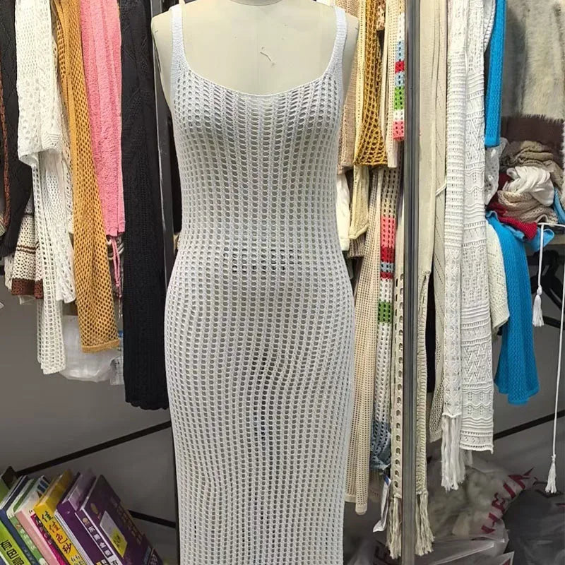 Maxi Dress Sexy Style Knitting Breathable Beachwear Cover Ups Hollow Leakage Waist Long Dress Holiday Sunscreen Camisole Dress