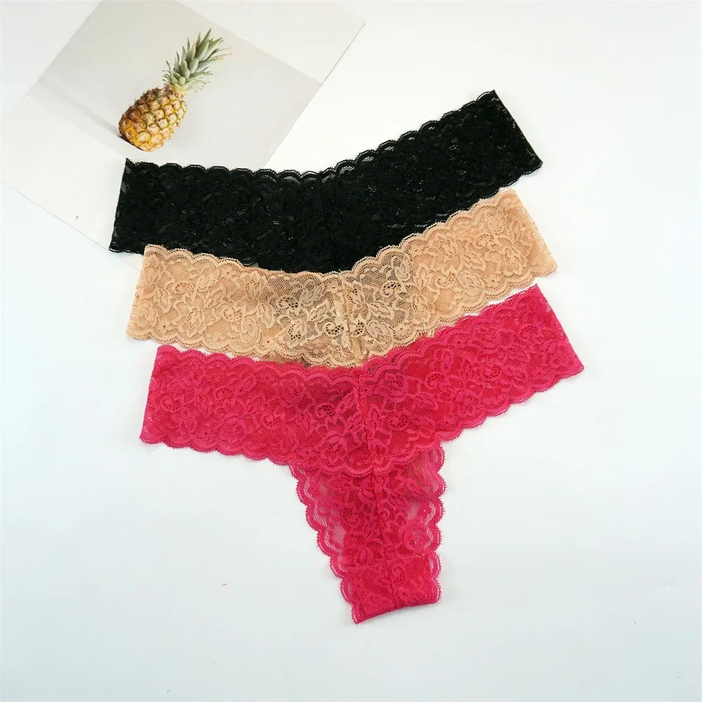 Women's Lace Thong Panties – 3-Pack Low-Rise Transparent Sexy Lingerie Set