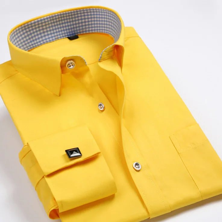 New M~6XL Cotton Men's French Cuffs Business Long Sleeve Shirt Stripes Comfortable Standard Elegant Formal Shirts Cufflink Top