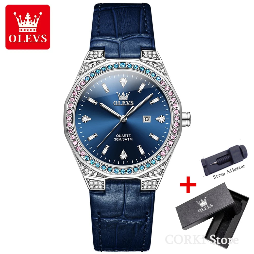 OLEVS 5606 Women's Luxury Diamond Quartz Watch – Leather Strap