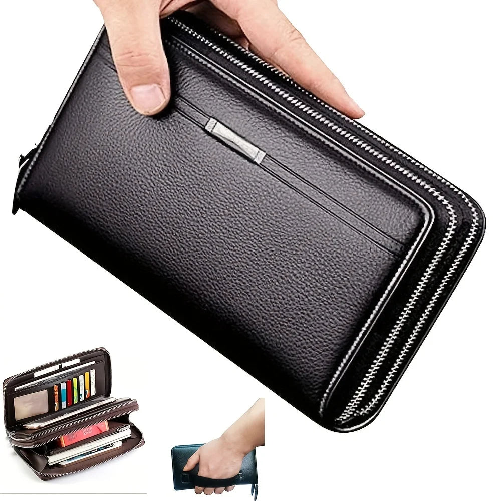 Men's Long Leather Wallet & Clutch — Large Business Zip-Around Purse with Phone & Card Holder | Brown & Black